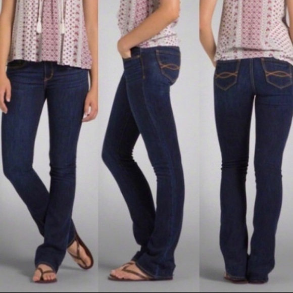 Abercrombie 4 (27) A&F Boot Cut Jeans Sexy Low Rise Dark Indigo Womens Stretch - Picture 2 of 16